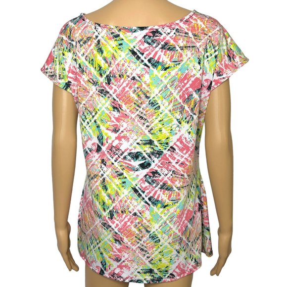 Relativity Womens L Stretch Multicolor Yellow Pink Cap Short Sleeve Shirt Blouse - Picture 7 of 11